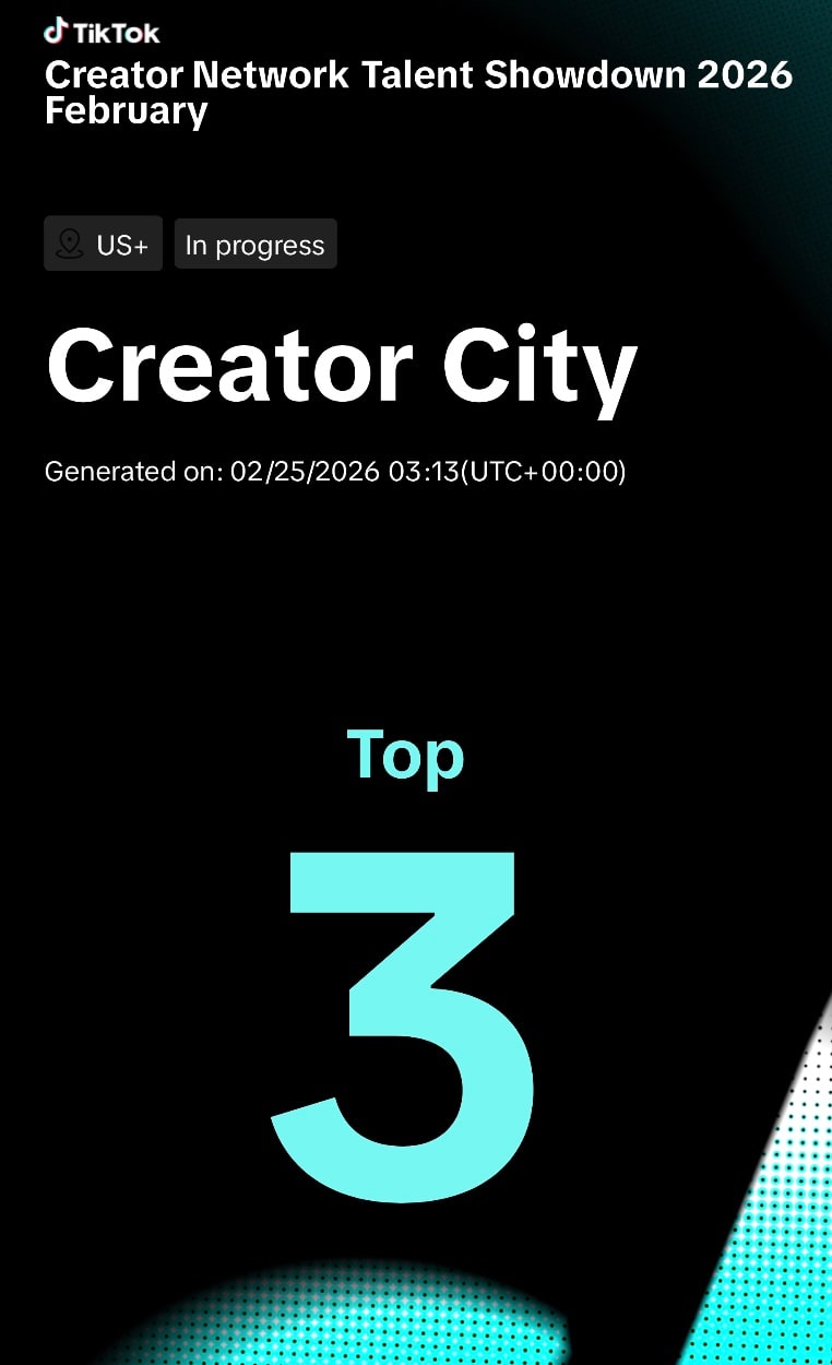 Creator City ranked Top 3 in TikTok's Creator Network Talent Showdown, February 2026